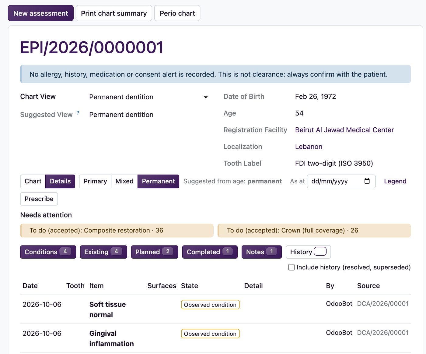 Chart details in Ventrecs Dental: conditions, existing work, planned and completed treatment in one filterable list