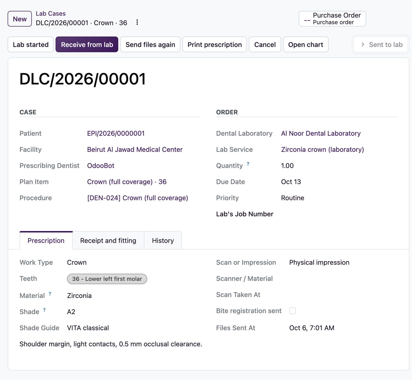 A dental lab case in Ventrecs Dental, sent to the laboratory with its purchase order and prescription.
