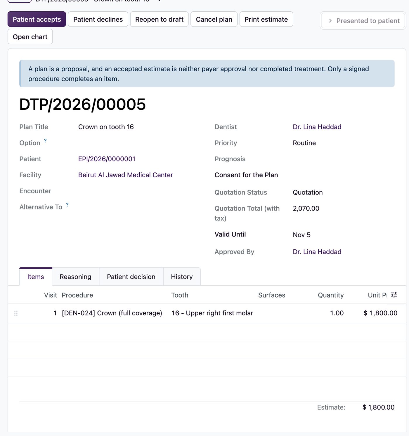 A treatment plan in Ventrecs Dental presented to the patient, with its Sales quotation status and total