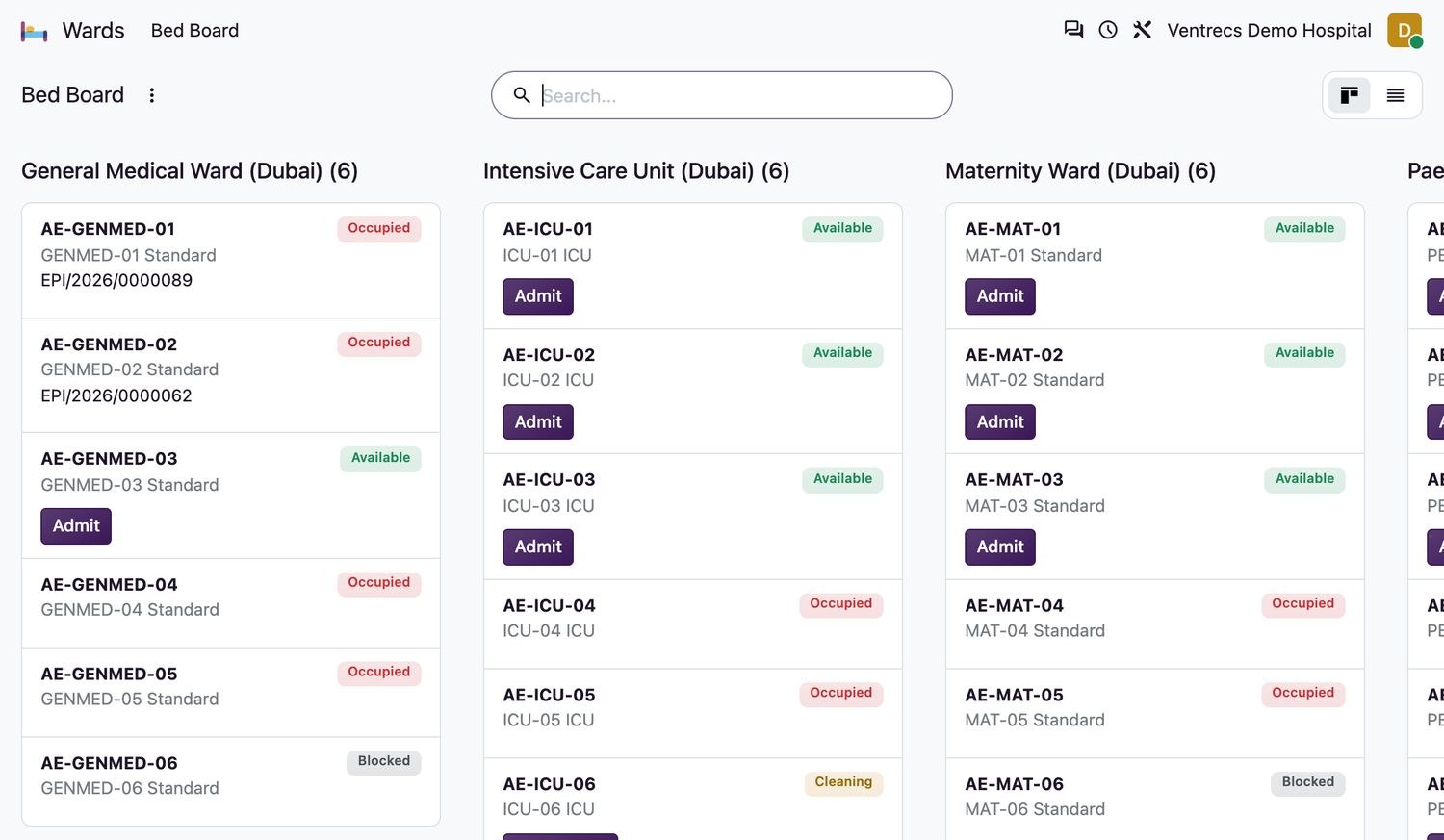 لوحة الأسرّة المباشرة في Ventrecs Wards تعرض الأسرّة لكل جناح: متاحة أو مشغولة أو محجوبة أو قيد التنظيف