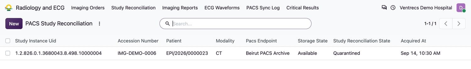 قائمة مطابقة دراسات PACS في Ventrecs Imaging تعرض دراسة محجورة