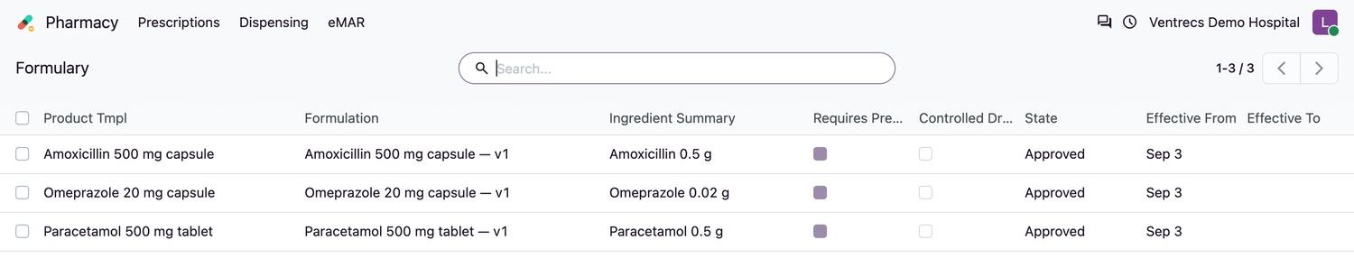 قائمة دليل الأدوية في Ventrecs Pharmacy مع التركيبة والمواد الفعالة وعلامة الدواء الخاضع للرقابة وحالة الاعتماد